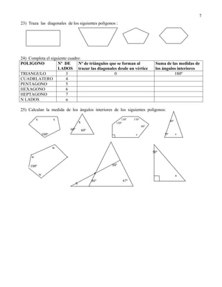 7
23) Traza las diagonales de los siguientes polígonos :




24) Completa el siguiente cuadro:
POLIGONO            Nº DE      Nº de triángulos que se forman al                    Suma de las medidas de
                    LADOS trazar las diagonales desde un vértice                    los ángulos interiores
TRIANGULO                3                        0                                           180º
CUADRLATERO              4
PENTAGONO                5
HEXAGONO                 6
HEPTAGONO                7
N LADOS                  n

25) Calculan la medida de los ángulos interiores de los siguientes polígonos:

          x              x                                   150º     170º
                                                                                               40º
                                       x                 120º
                                                                             80º
                             60º           60º
                  100º                                                 x                 70º         x



                         w
                                                                                   50º
      w

     100º                                              88º88º

              w                                   a
                                                                                                     x
                                                 86º            67º
                                   b
 