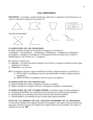 8


                                       GUIA PROFESOR(A)

POLIGONO: es una figura cerrada formada por varios trazos o segmentos de tal forma que no se
crucen y solamente se toquen en los extremos. Ej:




NO SON POLIGONOS:




CLASIFICACION DE LOS POLIGONOS :
I.- Según el número de lados que los forman los polígonos se clasifican en:
a) Triángulos b) Cuadriláteros c) Pentágonos d) Hexágonos e) Heptágonos f) Octágonos
g) Nonágonos o eneágonos h) Decágonos i) Dodecágonos j) De trece lados j) De 14 lados k)
Pentadecágonos l) de 16 lados, etc e icoságonos.

II.- Además se clasifican en :
a) convexos : si al poner dos puntos cualquiera en su interior, el segmento formado por ellos queda
     totalmente en el interior.
b) Cóncavos: o no convexos.

III.- Los polígonos convexos, según la medida de sus lados y ángulos interiores, se clasifican en :
        a) REGULARES: son polígonos convexos que tienen todos sus lados y ángulos interiores
           congruentes.
        b) IRREGULARES: son polígonos convexos que no son regulares.

CLASIFICACION DE LOS TRIANGULOS:
a) Según la medida de sus lados: equiláteros, isósceles y escalenos.
b) Según la medida de sus ángulos interiores: acutángulos, rectángulos y obtusángulos.

CLASIFICACION DE LOS CUADRILATEROS: se clasifican según sus lados paralelos en :
a) PARALELOGRAMOS: son cuadriláteros que tienen dos pares de lados opuestos paralelos.
b) TRAPECIOS: son cuadriláteros que tienen un par de lados opuestos paralelos.
c) TRAPEZOIDES: son cuadriláteros que no tienen lados opuestos paralelos.

SUMA DE LAS MEDIDAS DE LOS ANGULOS INTERIORES DE UN POLIGONO:
La suma de las medidas de los ángulos interiores de un polígono varía según el número de lados que
tenga, para calcular la suma de las medidas de los ángulos interiores de un polígono de n lados, su
fórmula será (n – 2) · 180º
 