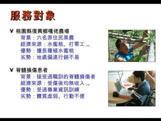 服務對象 桃園縣復興鄉嘎佬農場 　　背景：六名原住民果農 　　經濟來源：水蜜桃、打零工 .. 　　優勢：擅長種植水蜜桃 　　劣勢：地處偏遠行銷不易 脊髓損傷患者 　　背景：接受過職訓的脊髓損傷者 　　經濟來源：受傷後均無收入 .. 　　優勢：受過專業資訊訓練 　　劣勢：體質虛弱、行動不便 