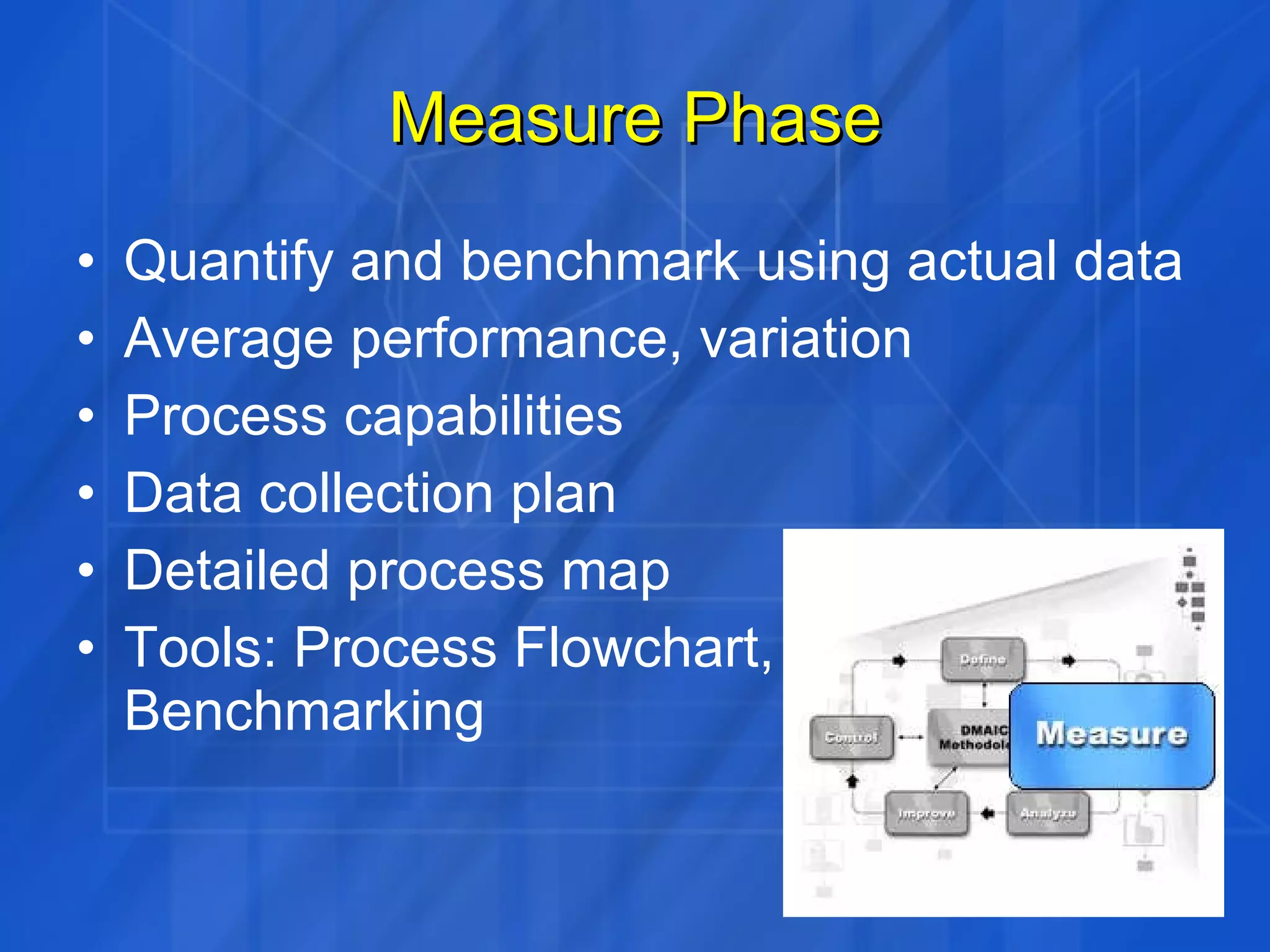 Measure Phase Quantify and benchmark using actual data Average performance, variation Process capabilities Data collection plan Detailed process map Tools: Process Flowchart,  Benchmarking 