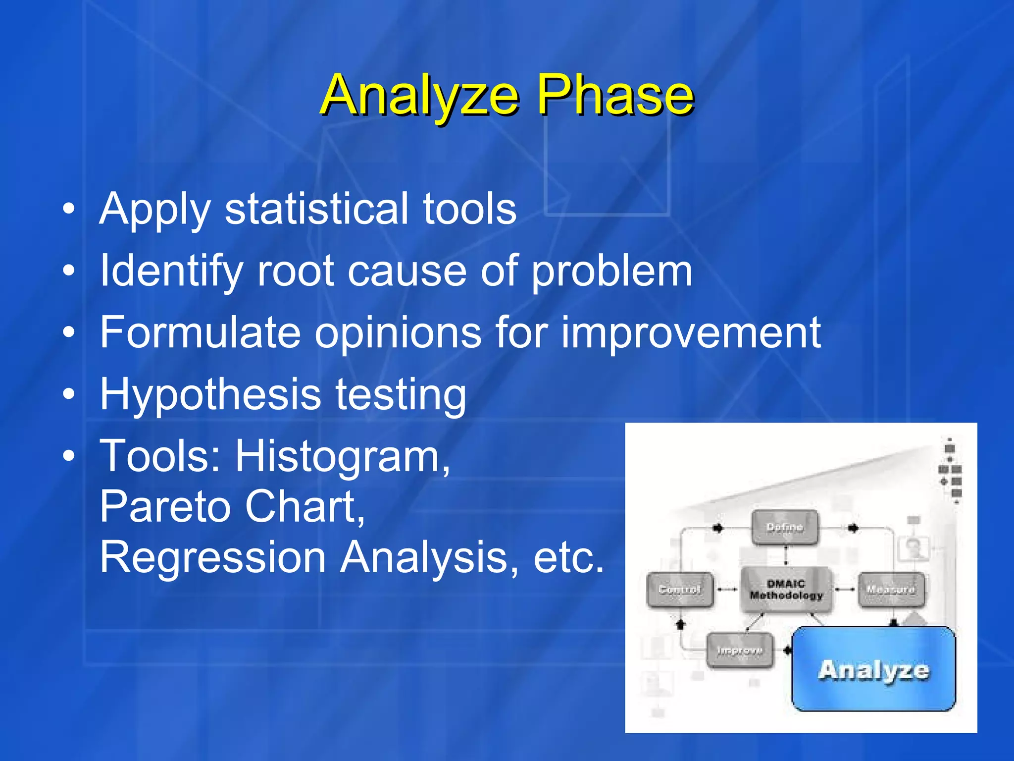 Analyze Phase Apply statistical tools Identify root cause of problem Formulate opinions for improvement Hypothesis testing Tools: Histogram,  Pareto Chart,  Regression Analysis, etc. 