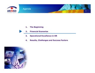 11
Agenda
1. The Beginning
2. Financial Scenarios
3. Operational Excellence in HR
4. Results, Challenges and Success Factors
 