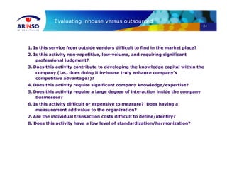 24
Evaluating inhouse versus outsourced
1. Is this service from outside vendors difficult to find in the market place?
2. Is this activity non-repetitive, low-volume, and requiring significant
professional judgment?
3. Does this activity contribute to developing the knowledge capital within the
company (i.e., does doing it in-house truly enhance company’s
competitive advantage?)?
4. Does this activity require significant company knowledge/expertise?
5. Does this activity require a large degree of interaction inside the company
businesses?
6. Is this activity difficult or expensive to measure? Does having a
measurement add value to the organization?
7. Are the individual transaction costs difficult to define/identify?
8. Does this activity have a low level of standardization/harmonization?
 