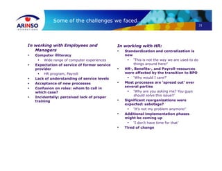 31
Some of the challenges we faced...
In working with Employees and
Managers
 Computer illiteracy
 Wide range of computer experiences
 Expectation of service of former service
provider
 HR program, Payroll
 Lack of understanding of service levels
 Acceptance of new processes
 Confusion on roles: whom to call in
which case?
 Incidentally: perceived lack of proper
training
In working with HR:
 Standardization and centralization is
new
 ‘This is not the way we are used to do
things around here!’
 HR-, Benefits-, and Payroll-resources
were affected by the transition to BPO
 ‘Why would I care?’
 Most processes are ‘spread out’ over
several parties
 ‘Why are you asking me? You guys
should solve this issue!!’
 Significant reorganizations were
expected: sabotage?
 ‘It’s not my problem anymore!’
 Additional implementation phases
might be coming up
 ‘I don’t have time for that’
 Tired of change
 