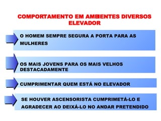 COMPORTAMENTO EM AMBIENTES DIVERSOS ELEVADOR O HOMEM SEMPRE SEGURA A PORTA PARA AS  MULHERES OS MAIS JOVENS PARA OS MAIS VELHOS DESTACADAMENTE CUMPRIMENTAR QUEM ESTÁ NO ELEVADOR SE HOUVER ASCENSORISTA CUMPRIMETÁ-LO E  AGRADECER AO DEIXÁ-LO NO ANDAR PRETENDIDO 