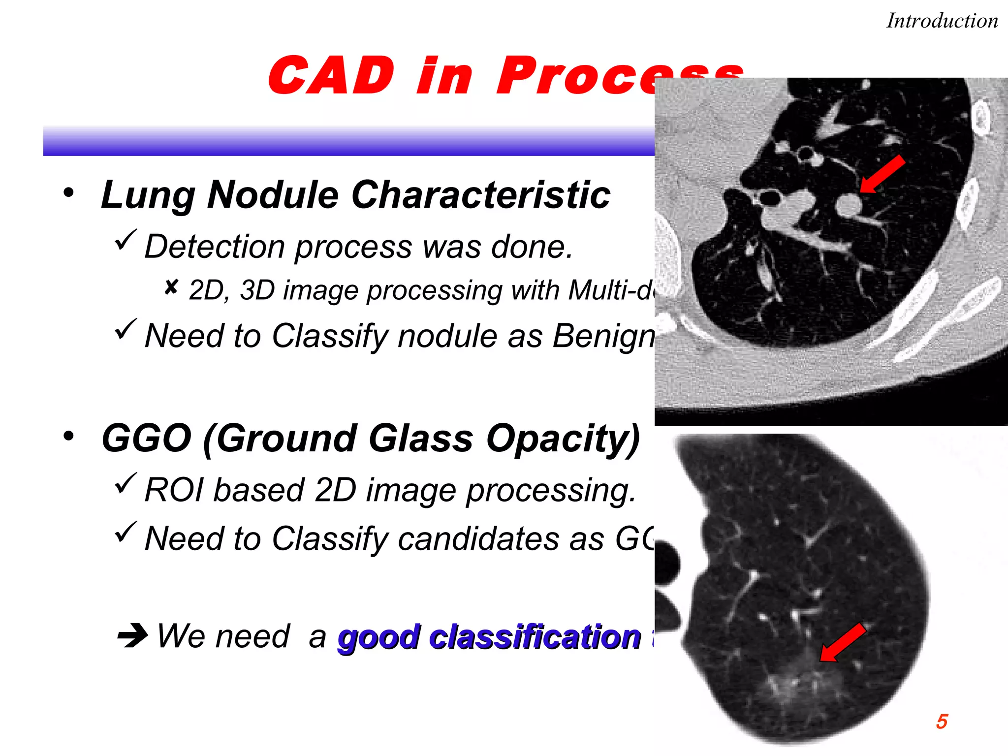 CAD in Process
• Lung Nodule Characteristic
Detection process was done.
 2D, 3D image processing with Multi-detector CT.
Need to Classify nodule as Benign or Malignant.
• GGO (Ground Glass Opacity)
ROI based 2D image processing.
Need to Classify candidates as GGO or Nodule
 We need a good classification toolgood classification tool !!!
Introduction
5
 
