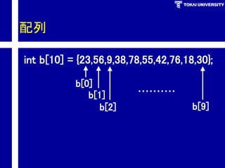 配列 
intb[10]={23,56,9,38,78,55,42,76,18,30}; 
b[0] 
b[1] 
b[2] 
・・・・・・・・・・ 
b[9]  
