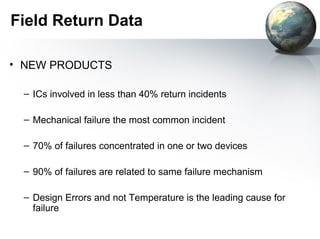 Field Return Data

• NEW PRODUCTS

 – ICs involved in less than 40% return incidents

 – Mechanical failure the most common incident

 – 70% of failures concentrated in one or two devices

 – 90% of failures are related to same failure mechanism

 – Design Errors and not Temperature is the leading cause for
   failure
 