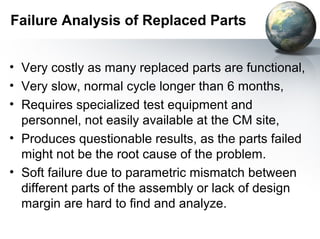 Failure Analysis of Replaced Parts


• Very costly as many replaced parts are functional,
• Very slow, normal cycle longer than 6 months,
• Requires specialized test equipment and
  personnel, not easily available at the CM site,
• Produces questionable results, as the parts failed
  might not be the root cause of the problem.
• Soft failure due to parametric mismatch between
  different parts of the assembly or lack of design
  margin are hard to find and analyze.
 