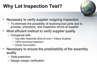 Why Lot Inspection Test?

• Necessary to verify supplier outgoing inspection
   – To eliminate the possibility of receiving bad parts due to
     process, procedure, and inspection errors at supplier
• Most efficient method to verify supplier quality
   – Compared with,
      • Test after Assembly (End of Line) + Failure Analysis
      • 100% Incoming Inspection
      • Onsite Test Auditor
• Necessary to ensure the predictability of the assembly
  quality
   – Yield prediction
   – Design margin verification
 