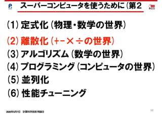 2020年5月7日 計算科学技術特論Ｂ 
10
スーパーコンピュータを使うために(第２
(1)定式化(物理・数学の世界)
(2)離散化(+-×÷の世界)
(4)プログラミング(コンピュータの世界)
(5)並列化
(6)性能チューニング
(3)アルゴリズム(数学の世界)
 