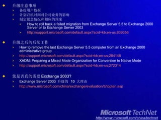 升级注意事项 备份用户数据 计划宕机时间对公司业务的影响 制定紧急情况和相应的预案 How to roll back a failed migration from Exchange Server 5.5 to Exchange 2000 Server or to Exchange Server 2003 http://support.microsoft.com/default.aspx?scid=kb;en-us;839356 升级之后的后续工作 How to remove the last Exchange Server 5.5 computer from an Exchange 2000 administrative group http://support.microsoft.com/default.aspx?scid=kb;en-us;284148 XADM: Preparing a Mixed Mode Organization for Conversion to Native Mode http://support.microsoft.com/default.aspx?scid=kb;en-us;272314 您是否真的需要 Exchange 2003? Exchange Server 2003  升级的  10  大理由 http://www.microsoft.com/china/exchange/evaluation/ ti/topten.asp 