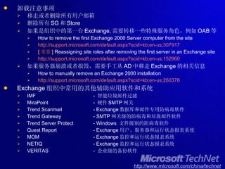 卸载注意事项 移走或者删除所有用户邮箱 删除所有 SG 和 Store 如果是组织中的第一台 Exchange, 需要转移一些特殊服务角色，例如 OAB 等 How to remove the first Exchange 2000 Server computer from the site http://support.microsoft.com/default.aspx?scid=kb;en-us;307917 [ 重要 ]  Reassigning site roles after removing the first server in an Exchange site http://support.microsoft.com/default.aspx?scid=kb;en-us;152960 如果服务器崩溃或者损毁，需要手工从 AD 中移走 Exchange 的相关信息 How to manually remove an Exchange 2000 installation http://support.microsoft.com/default.aspx?scid=kb;en-us;260378 Exchange 组织中常用的其他辅助应用软件和系统 IMF -  智能垃圾邮件过滤 MiraPoint -  硬件 SMTP 网关 Trend Scanmail - Exchange 数据库和邮件专用防病毒软件 Trend Gateway - SMTP 网关级的防病毒和垃圾邮件软件 Trend Server Protect - Windows  文件级别的防病毒软件 Quest Report - Exchange 用户、服务器和运行状态报表系统 MOM - Exchange 监控和运行状态报表系统 NETIQ - Exchange 监控和运行状态报表系统 VERITAS -  企业级的备份软件 