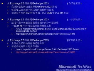 从 Exchange 5.5 升级到 Exchange 2003  ( 白手起家法 ) 完全新建的活动目录和 Exchange 2003 系统 仅需要从旧系统中把已有的邮件转移过来 如果有外发的 SMTP 服务器 , 要在 DNS 中更改 MX 纪录 从 Exchange 5.5 升级到 Exchange 2003  ( 一步到位法 ) 适用于用户和服务器数量都较少的中小型企业 一般 24-48 小时内完成升级和测试工作 How to migrate from Exchange Server 5.5 to Exchange 2000 by using the in-place upgrade method http://support.microsoft.com/default.aspx?scid=kb;en-us;324318 从 Exchange 5.5 升级到 Exchange 2003  ( 旷日持久法 ) 大型企业采用的升级和迁移方法 新老系统有较长的共存时间 How to migrate from Exchange Server 5.5 to Exchange 2000 Server http://support.microsoft.com/default.aspx?scid=kb;en-us;316886 