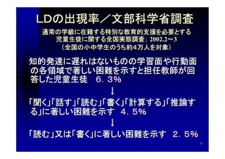 ＬＤの出現率／文部科学省調査
  通常の学級に在籍する特別な教育的支援を必要とする
    児童生徒に関する全国実態調査； 2002.2～3
     （全国の小中学生のうち約４万人を対象）

　知的発達に遅れはないものの学習面や行動面
 の各領域で著しい困難を示すと担任教師が回
 答した児童生徒 　６．３％
              ↓
　「聞く」「話す」「読む」「書く」「計算する」「推論す
 る」に著しい困難を示す　４．５％
              ↓
　「読む」又は「書く」に著しい困難を示す　２．５％
                               7
 