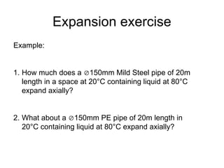 Expansion exercise
Example:
1. How much does a 150mm Mild Steel pipe of 20m
length in a space at 20°C containing liquid at 80°C
expand axially?
2. What about a 150mm PE pipe of 20m length in
20°C containing liquid at 80°C expand axially?
 