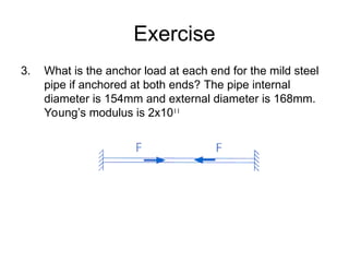 Exercise
3. What is the anchor load at each end for the mild steel
pipe if anchored at both ends? The pipe internal
diameter is 154mm and external diameter is 168mm.
Young’s modulus is 2x1011
 