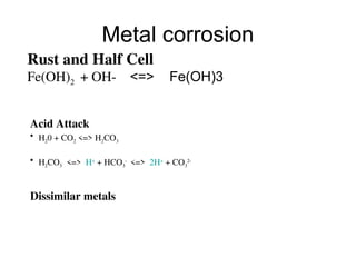 Metal corrosion
Acid Attack
• H20 + CO2 <=> H2CO3
• H2CO3 <=> H+
+ HCO3
-
<=> 2H+
+ CO3
2-
Dissimilar metals
Rust and Half Cell
Fe(OH)2 + OH- <=> Fe(OH)3
 