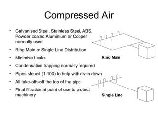 Compressed Air
• Galvanised Steel, Stainless Steel, ABS,
Powder coated Aluminium or Copper
normally used
• Ring Main or Single Line Distribution
• Minimise Leaks
• Condensation trapping normally required
• Pipes sloped (1:100) to help with drain down
• All take-offs off the top of the pipe
• Final filtration at point of use to protect
machinery
Ring Main
Single Line
 