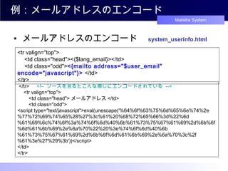 例：メールアドレスのエンコード メールアドレスのエンコード　 system_userinfo.html <tr valign="top"> 　 <td class="head"><{$lang_email}></td> 　 <td class="odd"> <{mailto address="$user_email" encode="javascript"}>  </td> </tr>  </tr> 　 <!–  ソースを見るとこんな感じにエンコードされている  --> 　 <tr valign="top"> 　　 <td class="head"> メールアドレス </td> 　　 <td class="odd"> <script type="text/javascript">eval(unescape('%64%6f%63%75%6d%65%6e%74%2e %77%72%69%74%65%28%27%3c%61%20%68%72%65%66%3d%22%6d%61%69%6c%74%6f%3a%74%6f%6d%40%6b%61%73%75%67%61%69%2d%6b%6f%6d%61%6b%69%2e%6a%70%22%20%3e%74%6f%6d%40%6b%61%73%75%67%61%69%2d%6b%6f%6d%61%6b%69%2e%6a%70%3c%2f%61%3e%27%29%3b'))</script> </td> </tr> 