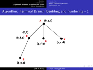 Outline
Introduction
Algorithmic problems on intersection graphs
Three Applications
Introduction
Pefect Elimination Scheme
Independent Set.
Algorithm: Terminal Branch Identiﬁng and numbering - 1
Chih Yi Huang Clique Tree Application
 