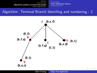 Outline
Introduction
Algorithmic problems on intersection graphs
Three Applications
Introduction
Pefect Elimination Scheme
Independent Set.
Algorithm: Terminal Branch Identiﬁng and numbering - 2
Chih Yi Huang Clique Tree Application
 