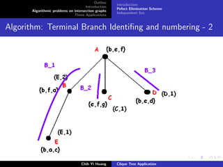 Outline
Introduction
Algorithmic problems on intersection graphs
Three Applications
Introduction
Pefect Elimination Scheme
Independent Set.
Algorithm: Terminal Branch Identiﬁng and numbering - 2
Chih Yi Huang Clique Tree Application
 