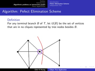 Outline
Introduction
Algorithmic problems on intersection graphs
Three Applications
Introduction
Pefect Elimination Scheme
Independent Set.
Algorithm: Pefect Elimination Scheme
Deﬁnition
For any terminal branch B of T, let U(B) be the set of vertices
that are in no cliques represented by tree nodes besides B.
Chih Yi Huang Clique Tree Application
 