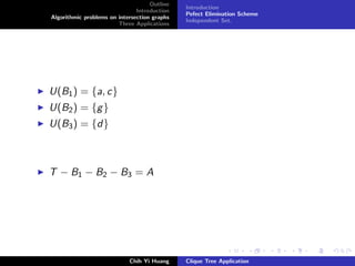 Outline
Introduction
Algorithmic problems on intersection graphs
Three Applications
Introduction
Pefect Elimination Scheme
Independent Set.
U(B1) = {a, c}
U(B2) = {g}
U(B3) = {d}
T − B1 − B2 − B3 = A
Chih Yi Huang Clique Tree Application
 