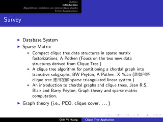 Outline
Introduction
Algorithmic problems on intersection graphs
Three Applications
Survey
Database System
Sparse Matrix
Compact clique tree data structures in sparse matrix
factorizations, A Pothen (Foucs on the two new data
structures derived from Clique Tree.)
A clique tree algorithm for partitioning a chordal graph into
transitive subgraphs, BW Peyton, A Pothen, X Yuan (談如何將
clique tree 應用在解 sparse triangulated linear system.)
An introduction to chordal graphs and clique trees, Jean R.S.
Blair and Barry Peyton, Graph theory and sparse matrix
computation.
Graph theory (i.e., PEO, clique cover, . . . )
Chih Yi Huang Clique Tree Application
 
