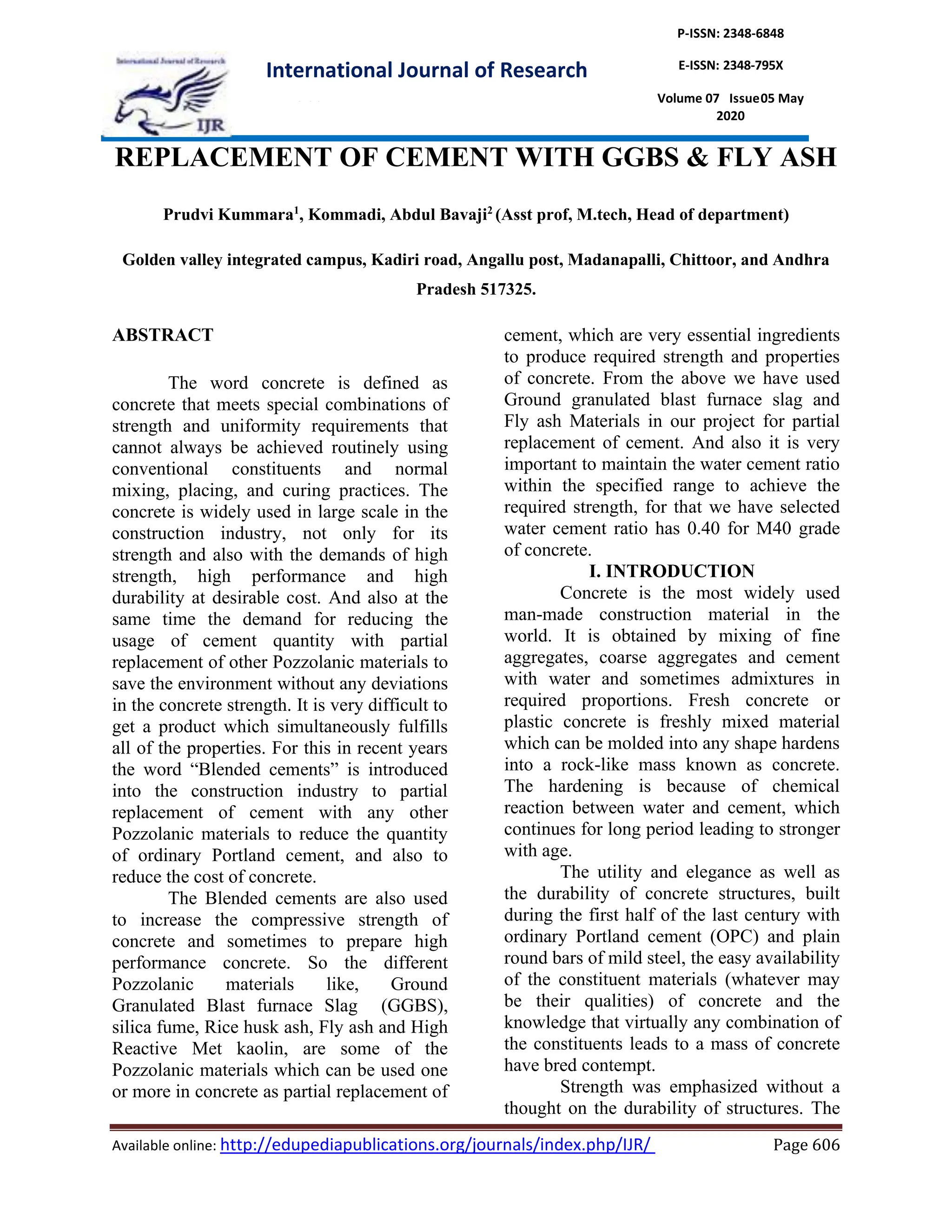 replacement of cement with GGBS and Fly ash | PDF