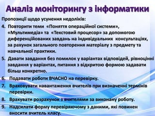 Пропозиції щодо усунення недоліків:
4. Повторити теми «Поняття операційної системи»,
«Мультимедіа» та «Текстовий процесор» за допомогою
диференційованих завдань на індивідуальних консультаціях,
за рахунок загального повторення матеріалу з предмету та
навчальної практики.
5. Давати завдання без помилок у варіантах відповідей, рівноцінні
завдання у варіантах, питання з відкритою формою задавати
більш конкретно.
6. Подавати роботи ВЧАСНО на перевірку.
7. Враховувати навантаження вчителів при визначенні термінів
перевірки.
8. Врахувати розрахунок з вчителями за виконану роботу.
9. Надсилати форму перевіряючому з даними, які повинен
вносити вчитель класу.
 