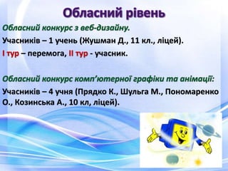 Учасників – 1 учень (Жушман Д., 11 кл., ліцей).
– перемога, - учасник.
Учасників – 4 учня (Прядко К., Шульга М., Пономаренко
О., Козинська А., 10 кл, ліцей).
 