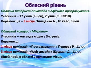 Учасників – 17 учнів (ліцей), 2 учня (СШ №10).
Переможців – 3 місце Онищенко А., 10 клас, ліцей.
Учасників – команда ліцею з 3-х учнів.
Переможці:
1 місце номінація «Програмування» Перерва Р., 11 кл.
3 місце номінація «Web-дизайн» Жушман Д., 11 кл.
Ліцей посів в області 2 командне місце.
 