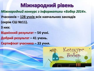 Учасників – 128 учнів всіх навчальних закладів
(окрім СШ №11).
З них:
Відмінний результат – 54 учні.
Добрий результат – 41 учень.
Сертифікат учасника – 33 учня.
 