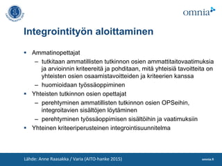 omnia.fi
Integrointityön aloittaminen
§  Ammatinopettajat
–  tutkitaan ammatillisten tutkinnon osien ammattitaitovaatimuk...