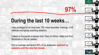 During the last 10 weeks…
I was privileged to do more than 100 virtual keynotes, trainings, LIVE
webinars and group coaching sessions.
I talked to thousands of people from Tokyo to Silicon Valley and from
Stockholm to Rio de Janeiro.
And on average well above 90% of my audiences watched my
sessions until the very last minute.
97%
 