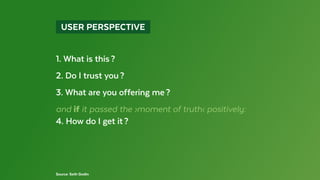   USER PERSPECTIVE 
1. What is this ?
2. Do I trust you ?
3. What are you offering me ?
and if it passed the ›moment of truth‹ positively:
4. How do I get it ?
Source: Seth Godin
 