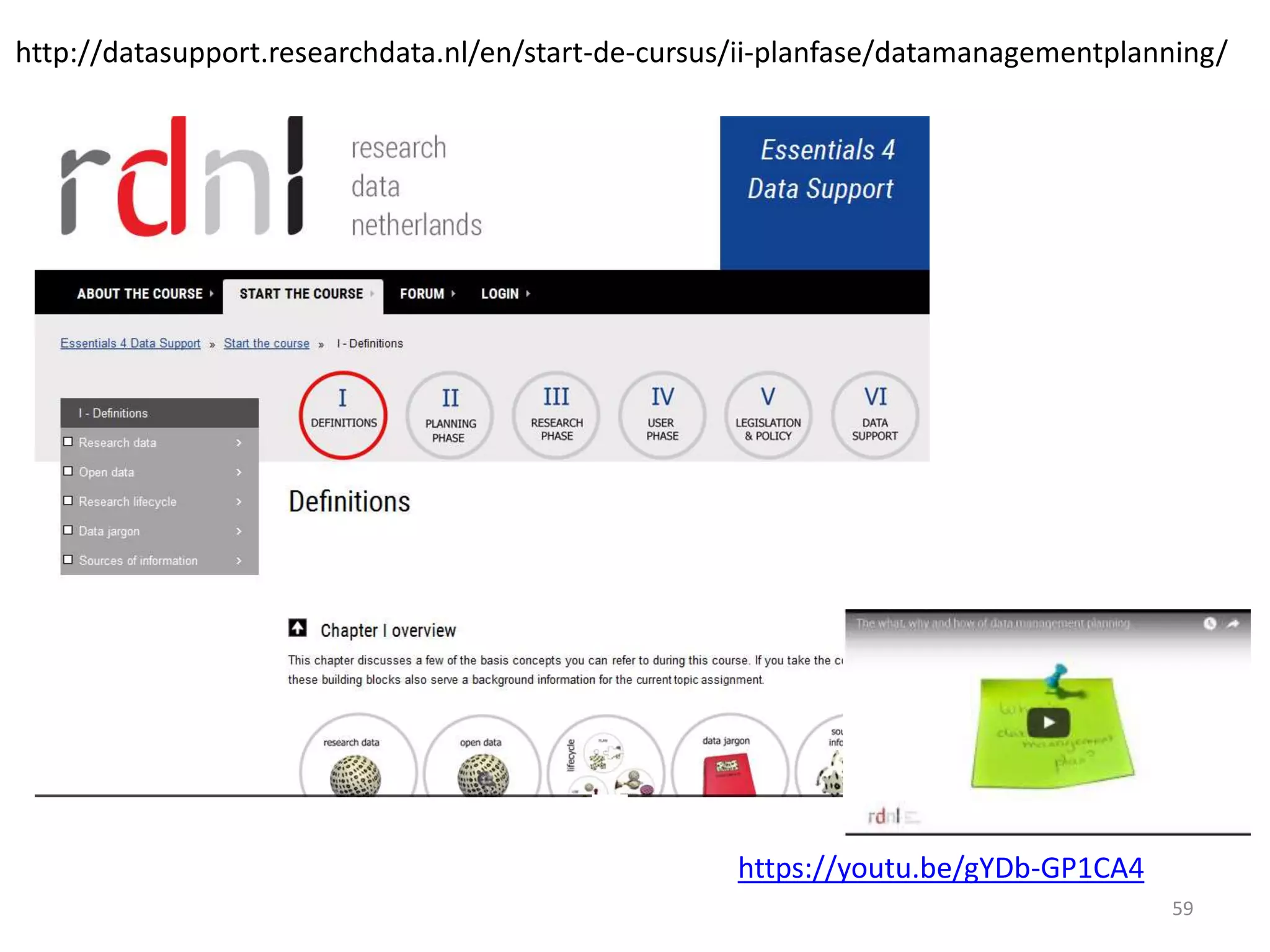 https://youtu.be/gYDb-GP1CA4
http://datasupport.researchdata.nl/en/start-de-cursus/ii-planfase/datamanagementplanning/
59
 