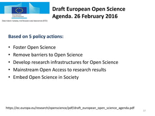 Draft European Open Science
Agenda. 26 February 2016
Based on 5 policy actions:
• Foster Open Science
• Remove barriers to Open Science
• Develop research infrastructures for Open Science
• Mainstream Open Access to research results
• Embed Open Science in Society
https://ec.europa.eu/research/openscience/pdf/draft_european_open_science_agenda.pdf
37
 