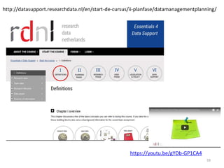 https://youtu.be/gYDb-GP1CA4
http://datasupport.researchdata.nl/en/start-de-cursus/ii-planfase/datamanagementplanning/
59
 