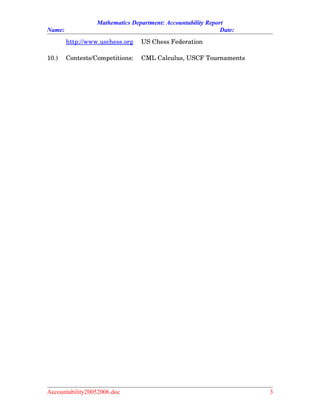 Mathematics Department: Accountability Report
Name: Date:
http://www.uschess.org US Chess Federation
10.) Contests/Competitions: CML Calculus, USCF Tournaments
Accountability20052006.doc 3
 