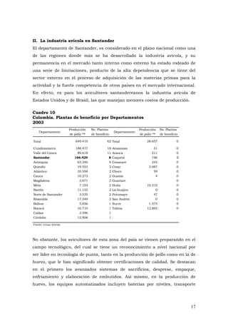 17
II. La industria avícola en Santander
El departamento de Santander, es considerado en el plano nacional como una
de las regiones donde más se ha desarrollado la industria avícola, y su
permanencia en el mercado tanto interno como externo ha estado rodeado de
una serie de limitaciones, producto de la alta dependencia que se tiene del
sector externo en el proceso de adquisición de las materias primas para la
actividad y la fuerte competencia de otros países en el mercado internacional.
En efecto, es para los avicultores santandereanos la industria avícola de
Estados Unidos y de Brasil, las que manejan menores costos de producción.
Cuadro 10
Colombia. Plantas de beneficio por Departamentos
2003
Producción No. Plantas Producción No. Plantas
de pollo ™ de beneficio de pollo ™ de beneficio
Total 649.410 62 Total 28.657 0
Cundinamarca 188.477 18 Amazonas 31 0
Valle del Cauca 89.619 11 Arauca 211 0
Santander 166.429 8 Caquetá 196 0
Antioquia 63.340 4 Casanare 245 0
Quindío 19.553 3 Cesar 3.087 0
Atlántico 35.558 2 Chocó 59 0
Cauca 10.273 2 Guanía 4 0
Magdalena 3.671 2 Guaviare 0
Meta 7.103 2 Huila 10.310 0
Nariño 11.133 2 La Guajira 0 0
Norte de Santander 3.535 2 Putumayo 47 0
Risaralda 17.549 2 San Andrés 0 0
Bolívar 5.956 1 Sucre 1.575 0
Boyacá 10.710 1 Tolima 12.892 0
Caldas 3.596 1
Córdoba 12.908 1
Fuente: Censo Avícola
Departamento Departamento
No obstante, los avicultores de esta zona del país se vienen preparando en el
campo tecnológico, del cual se tiene un reconocimiento a nivel nacional por
ser líder en tecnología de punta, tanto en la producción de pollo como en la de
huevo, que le han significado obtener certificaciones de calidad. Se destacan
en el primero los avanzados sistemas de sacrificios, desprese, empaque,
enfriamiento y elaboración de embutidos. Así mismo, en la producción de
huevo, los equipos automatizados incluyen baterías por niveles, transporte
 