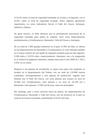 23
el 23.5% sobre el total de capacidad instalada en el país y el segundo, con el
24.8%, sobre el total de capacidad ocupada. Otras regiones igualmente
importantes, en estos indicadores fueron el Valle del Cauca, Antioquia,
Atlántico y Bolívar.
De igual manera, se debe destacar que la participación porcentual de la
capacidad instalada para pollos de engorde, tiene como Departamentos
predominantes a Cundinamarca, Santander, Valle del Cauca y Antioquia.
De un total de 1.883 granjas existentes en el país, el 58% de ellas, se ubican
en los departamentos de Santander y Cundinamarca, lo cual redunda también
en el mayor número de aves (pollo de engorde) censados para las dos regiones,
9.320 miles y 10.278 miles, respectivamente. Asimismo, van a la vanguardia
en el número de galpones existentes, siendo estos para el año 2002 de 1.763 y
2.818, en su orden.
Respecto a las plantas de incubación, la mayor área para este propósito se
localizó en el departamento del Tolima, con un total de 170.000 metros
cuadrados, correspondientes a tres plantas de producción, seguido muy
distante por el Valle del Cauca, con ocho plantas que suman un área de
24.668 m2; Cundinamarca, siete plantas y un área de 18.189 m2 y
Santander, siete plantas, 17.992 m2 de área, como las principales.
Sin embargo, pese a tener menores áreas de planta, los departamentos de
Cundinamarca, Santander y Valle del Cauca, son los primeros en el país en
número de huevos incubados, absorbiendo el 93.9% del total.
 