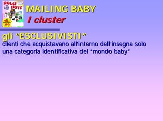 MAILING BABYMAILING BABY
II clustercluster
gligli ““ESCLUSIVISTIESCLUSIVISTI””
clienti che acquistavano allclienti che acquistavano all’’interno dellinterno dell’’insegna soloinsegna solo
una categoria identificativa deluna categoria identificativa del ““mondo babymondo baby””
 