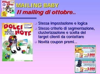 MAILING BABYMAILING BABY
Il mailing di ottobre..Il mailing di ottobre..
Stessa impostazione e logicaStessa impostazione e logica
Stesso criterio di segmentazione,Stesso criterio di segmentazione,
clusterizzazioneclusterizzazione e scelta dele scelta del
target clienti da contattaretarget clienti da contattare
NovitNovitàà couponcoupon premipremi……
 