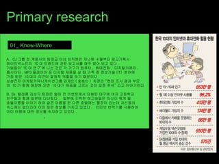 Primary research 01_ Know-Where A.  CJ 그룹 전 계열사의 팀장급 이상 임직원은 지난해  4 월부터 광고기획사  화이트넥스트의  10 대 트렌드에 관한 보고서를 매주 받아 보고 있다 . 기업들이‘ 10 대 연구’에 나선 것은 각 가구가 컴퓨터 ,  휴대전화 ,  디지털카메라 ,  홈시어터 , MP3 플레이어 등 디지털 제품을 살 때 가족 중 정보기술 (IT)  분야에  가장 밝은  10 대의 의견이 결정적 역할을 하기 때문이다 . 삼성전자 마케팅커뮤니케이션그룹 김재인 ( 金在仁 )  차장은 “현장 조사 결과 부모 와  10 가 함께 매장에 오면  10 대가 제품을 고르는 것이 요즘 추세” 라고 이야기한다 B. Sk  텔레콤 김상규 팀장은 얼마 전 이벤트에서 당첨된 대구에 여자 고등학교  친구들과 함께 일본에 다녀왔다 .  일본에 도착한 여고생들은 자신이 묶게 될  호텔이름을 이야기 하며 같은 이름을 한 다른 호텔에는 풀장이 있는데 자신들의  숙소에는 없더라며 이미 많은 정보를 가지고 있었다 .  인터넷 번역기를 사용하여  이미 여행에 대한 정보를 숙지하고 있었다 . ’ 