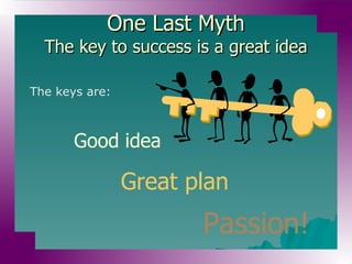 One Last Myth The key to success is a great idea Good idea Great plan Passion! The keys are: 