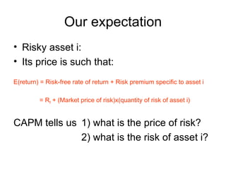 Our expectation
• Risky asset i:
• Its price is such that:
E(return) = Risk-free rate of return + Risk premium specific to asset i

         = Rf + (Market price of risk)x(quantity of risk of asset i)


CAPM tells us 1) what is the price of risk?
              2) what is the risk of asset i?
 