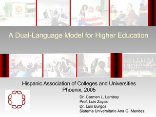 A Dual-Language Model for Higher Education
Hispanic Association of Colleges and Universities
Phoenix, 2005
Dr. Carmen L. Lamboy
Prof. Luis Zayas
Dr. Luis Burgos
Sistema Universitario Ana G. Mendez
 